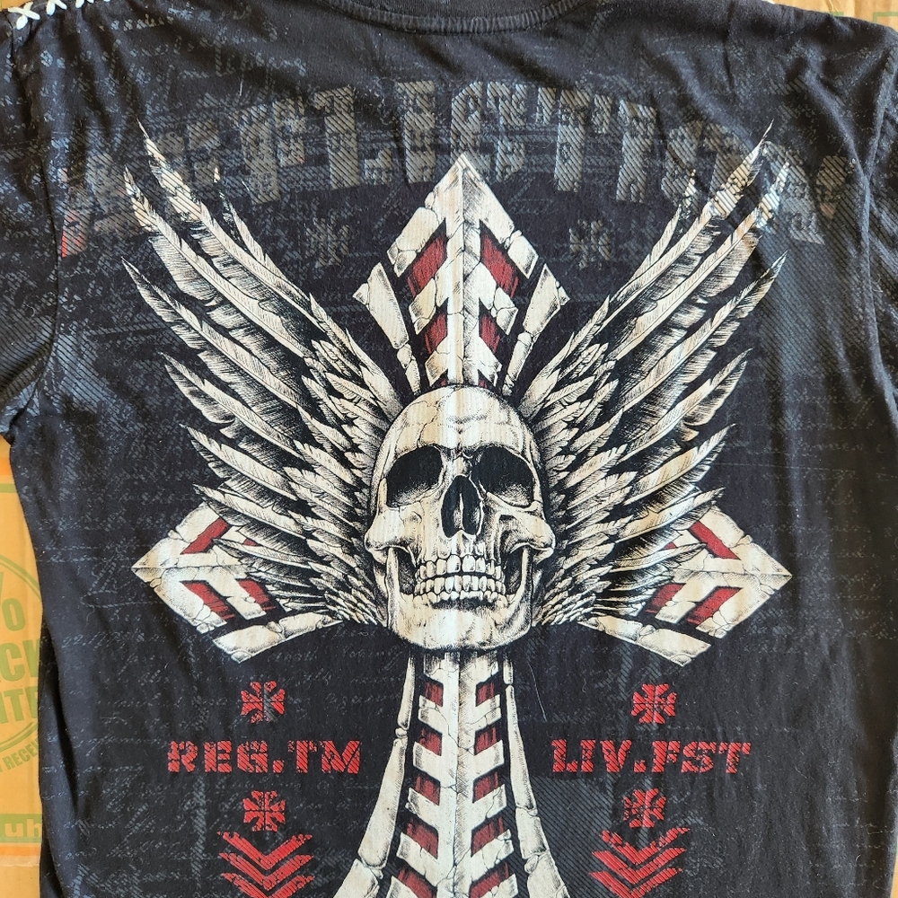 Affliction T-Shirt Skull Cross Wings Biker Black Size XL - Picture 9 of 15